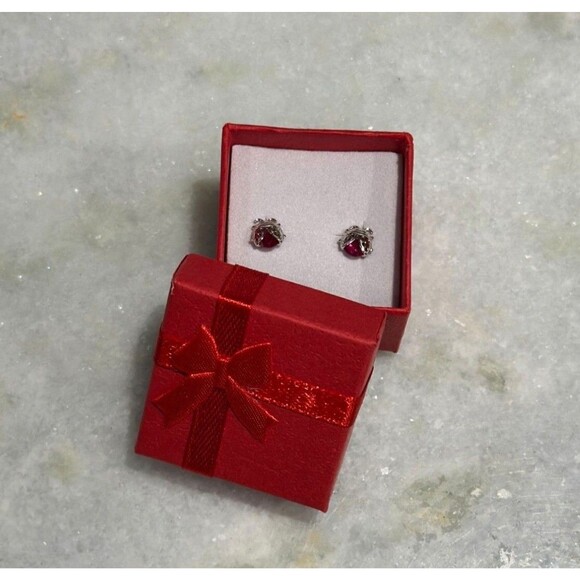 Ladybug Earrings Rhodium Plated Over Silver w/ Simulated Red Stones w/ Gift Box - Picture 5 of 7